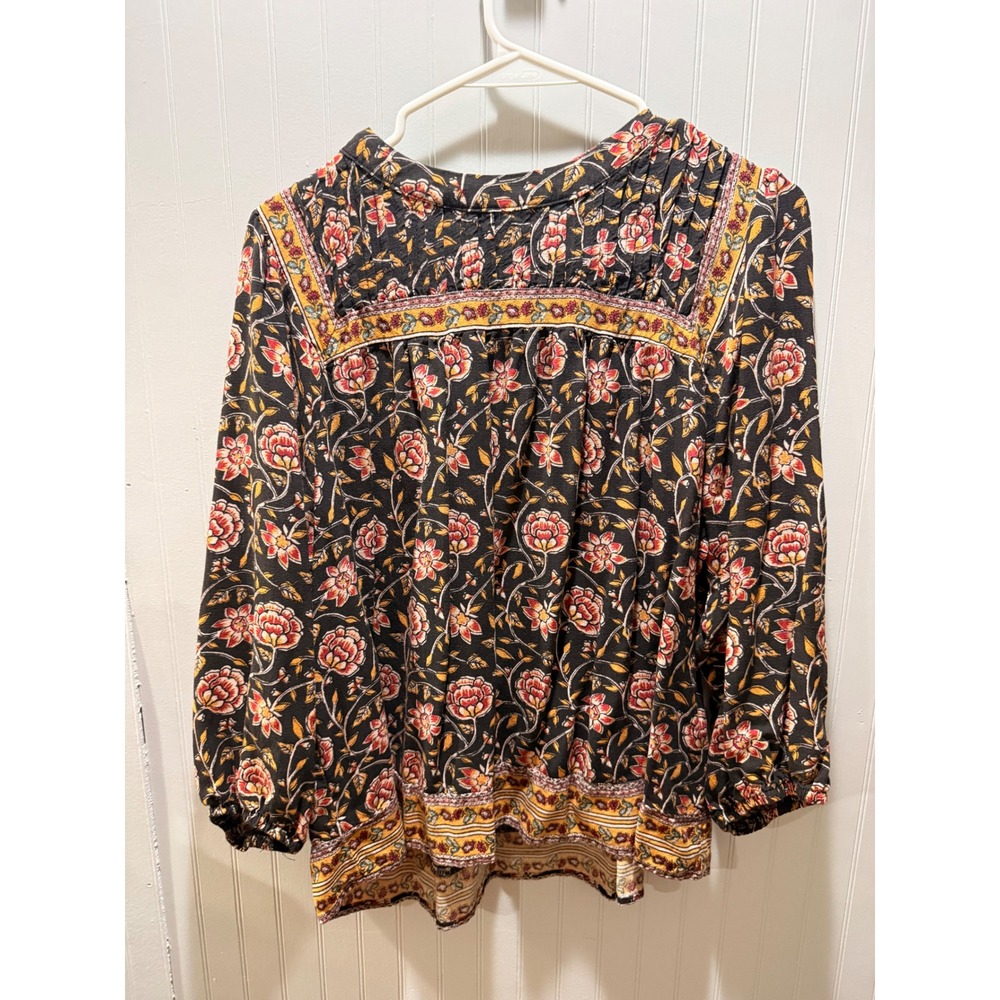 Knox Rose Women Floral Boho Long Sleeve Blouse Black Orange Large Split Neck Top